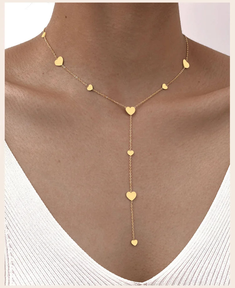 Colar de corrente lariat com gota de coração para mulheres, corrente longa em forma de Y em aço inoxidável 18K joias em camadas de cor dourada