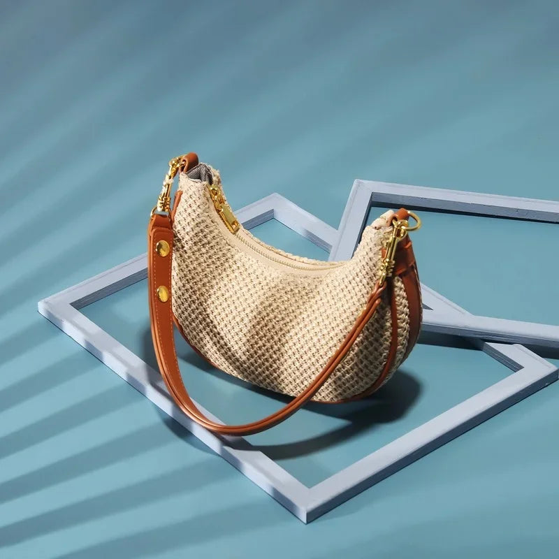 Verão design simples feminino meia lua hobo saco de alta qualidade mão-tecido palha axila saco feminino beira-mar praia bolsa de ombro 2024