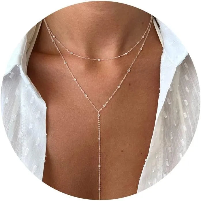 Colar de ouro para mulher 14k banhado a ouro/prata em forma de y pingente colar em camadas frisado corrente gota colares para presente feminino
