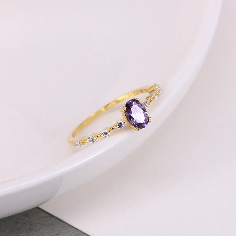 Roxi simples forma de ovo roxo cristal anéis de ouro para mulheres anéis jóias 925 prata esterlina anel de dedo ins anel de casamento anillos