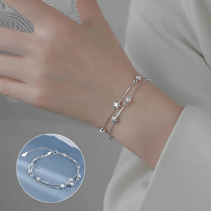 Luxo 925 prata esterlina estrela frisado pulseiras para mulheres designer original dupla camada ajustável pulseira festa jóias
