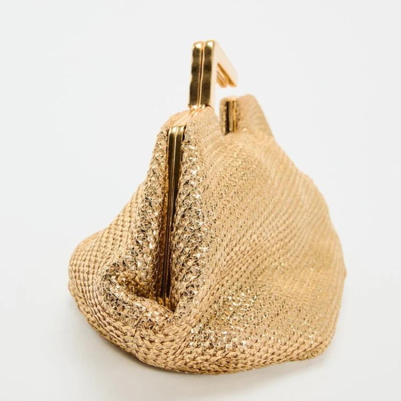 Bolsa de ouro com alça de metal, bolsa de tecido para mulheres, bolsa de vestido de noite de designer de luxo, novas embreagens de metal femininas da moda