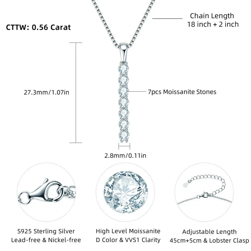 Anziw 2,8 mm 0,56 quilates. Moissanite pingente colar para mulher 925 prata corrente ajustável barra de 7 pedras colares tendência jóias presentes