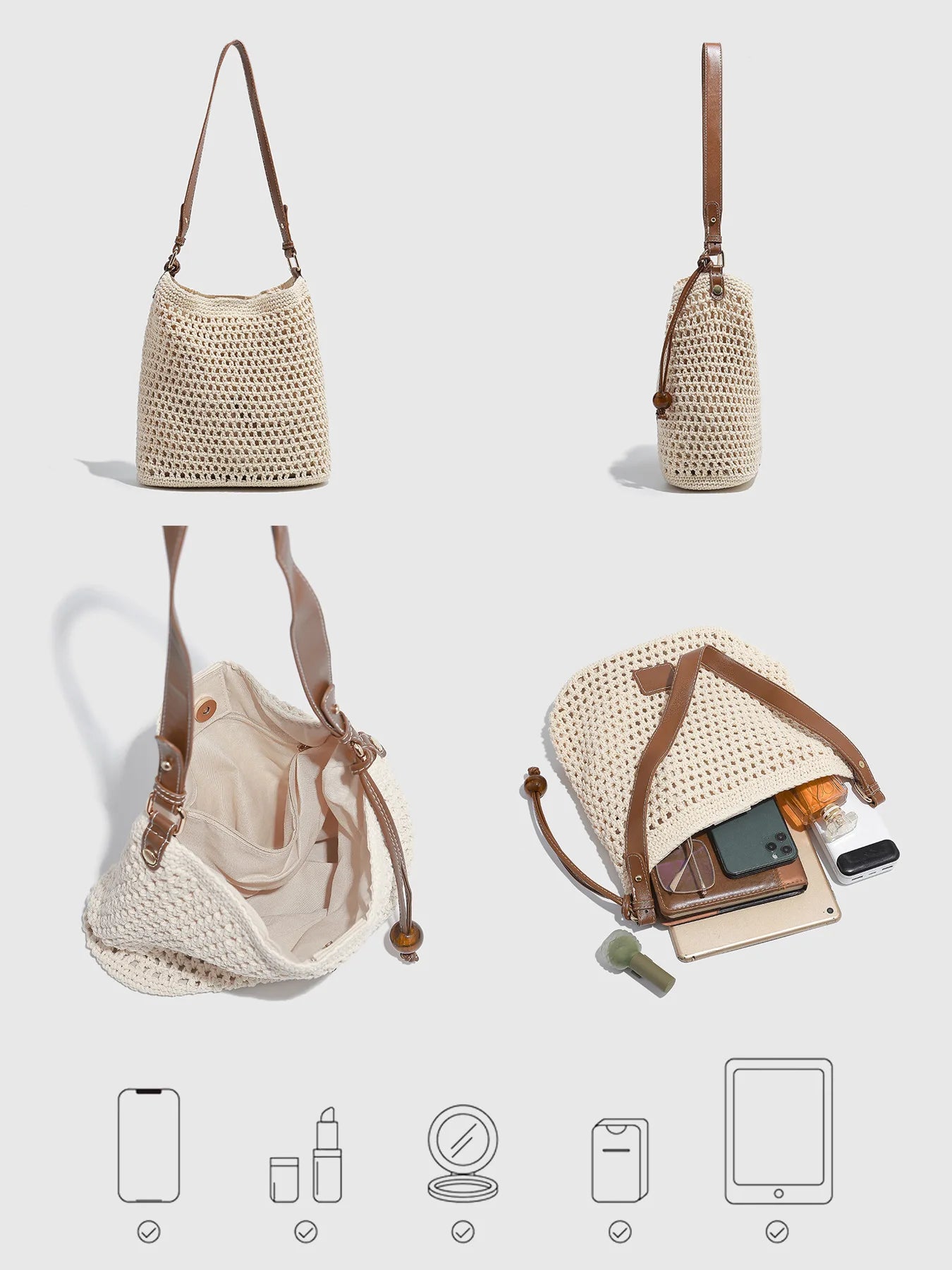 2025 novo verão feminino tecido crochê sacola praia férias bolsa de ombro leve algodão linho boho oco para fora bolsa