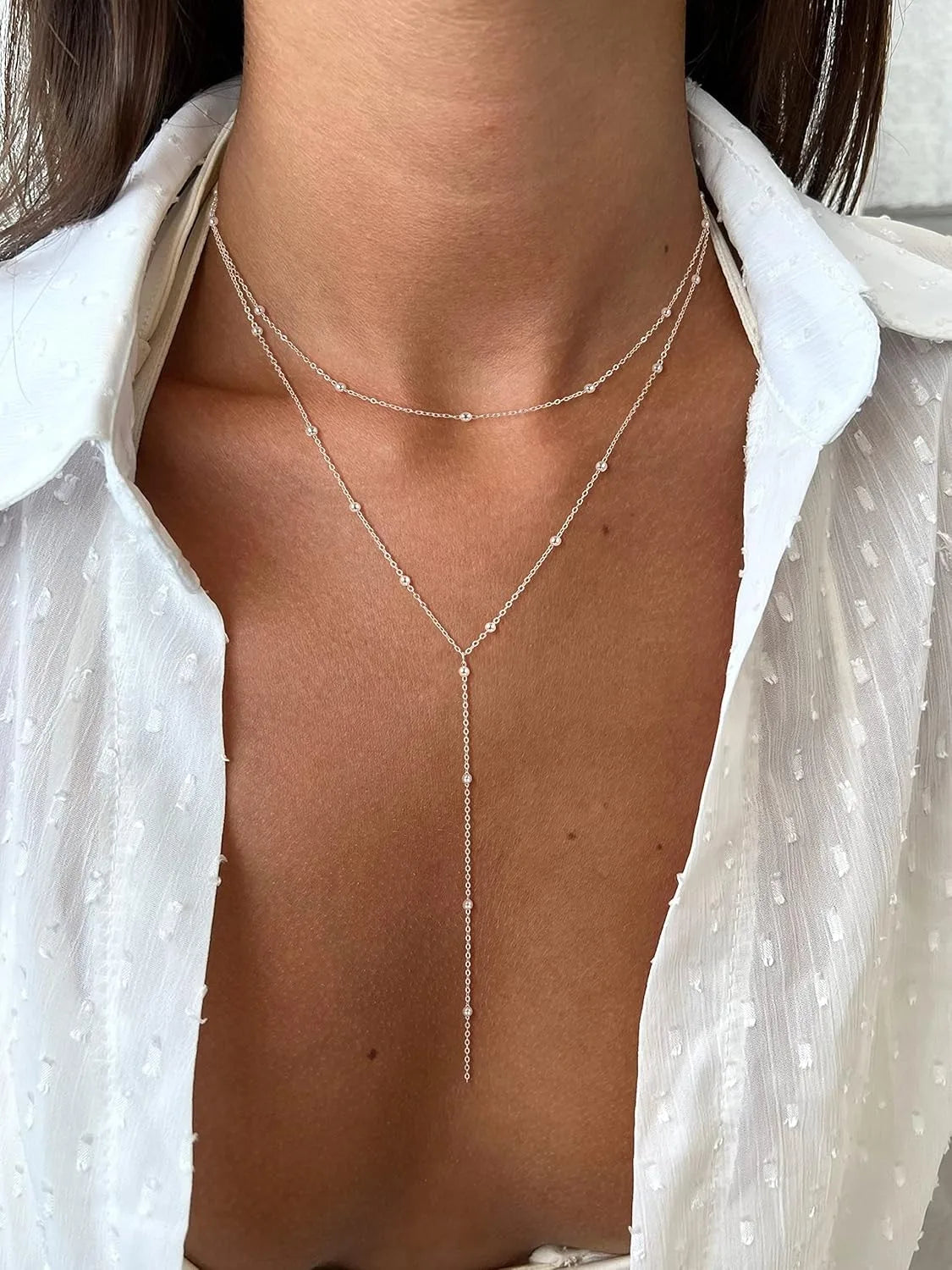 Colar de ouro para mulher 14k banhado a ouro/prata em forma de y pingente colar em camadas frisado corrente gota colares para presente feminino