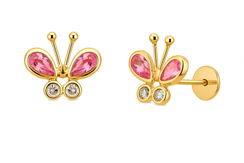 Brinco De Ouro 18k Borboleta Rosa