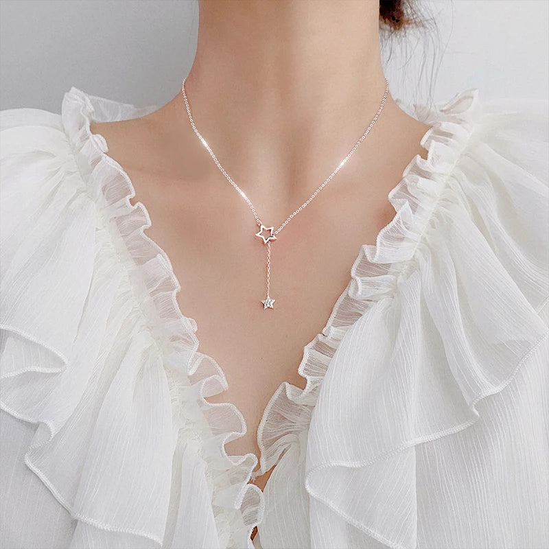 Presente de natal 925 prata esterlina bonito brilhante estrela gargantilha gota charme colares mulher encantadora festa de casamento jóias de aniversário