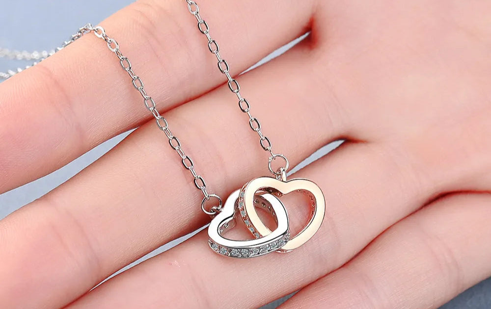 Venda quente moda duplo amor coração zircão pingente colar 925 prata esterlina rosa ouro strass colares feminino jóias presente