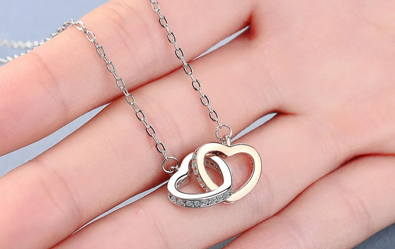 Venda quente moda duplo amor coração zircão pingente colar 925 prata esterlina rosa ouro strass colares feminino jóias presente