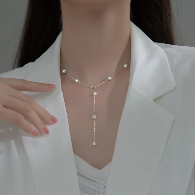 TrustDavis-Colar Gargantilha Bola de Pérola para Mulheres, Real 925 Sterling Silver, CZ Borla, Joalheria Fina, Presente, DA2337