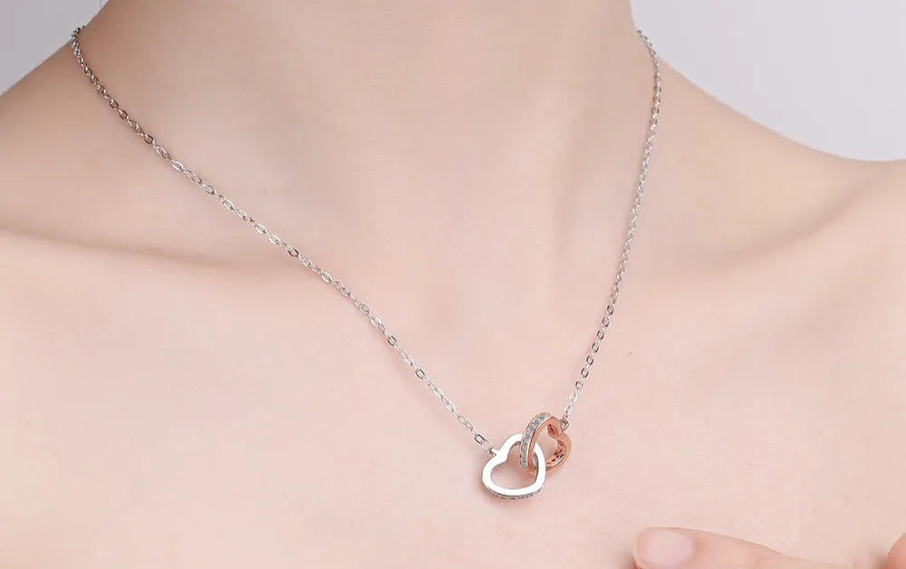 Venda quente moda duplo amor coração zircão pingente colar 925 prata esterlina rosa ouro strass colares feminino jóias presente