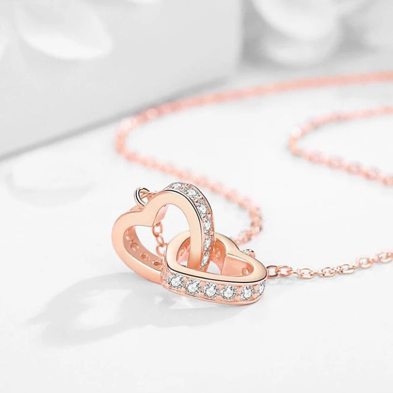 Venda quente moda duplo amor coração zircão pingente colar 925 prata esterlina rosa ouro strass colares feminino jóias presente