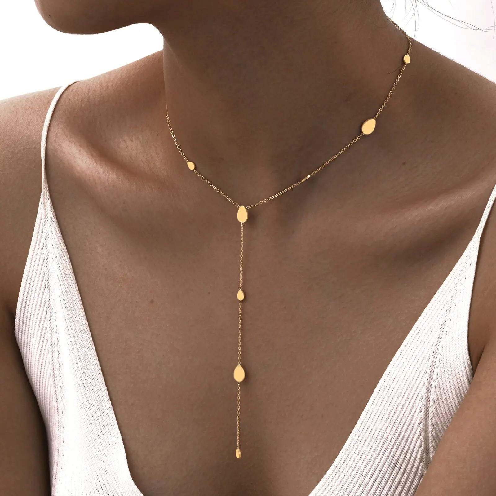 Colar de corrente lariat com gota de coração para mulheres, corrente longa em forma de Y em aço inoxidável 18K joias em camadas de cor dourada