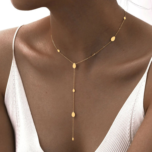 Colar de corrente lariat com gota de coração para mulheres, corrente longa em forma de Y em aço inoxidável 18K joias em camadas de cor dourada