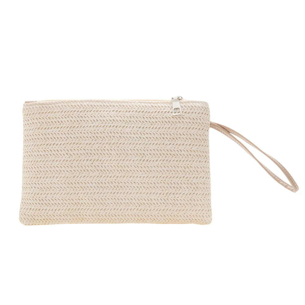 Bolsa feminina de palha tecida, carteira de moeda com zíper tecido ecológico, bolsa de armazenamento de praia de verão, bolsa de palha de trigo natural.zwq