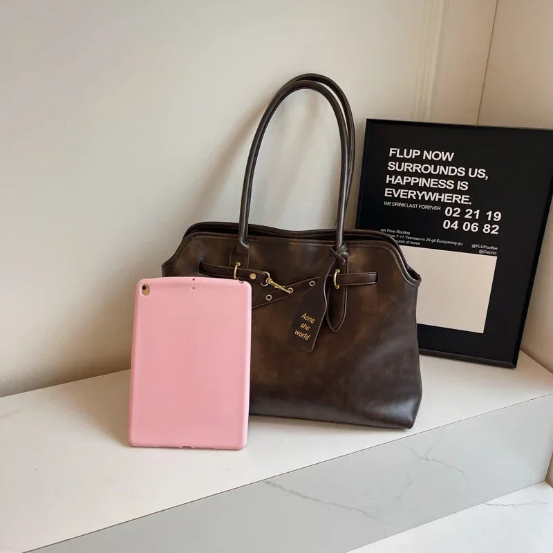 Vintage grande capacidade de couro do plutônio sacola para as mulheres 2024 outono tendência marrom senhora commuter bolsa feminina viagem bolsa ombro