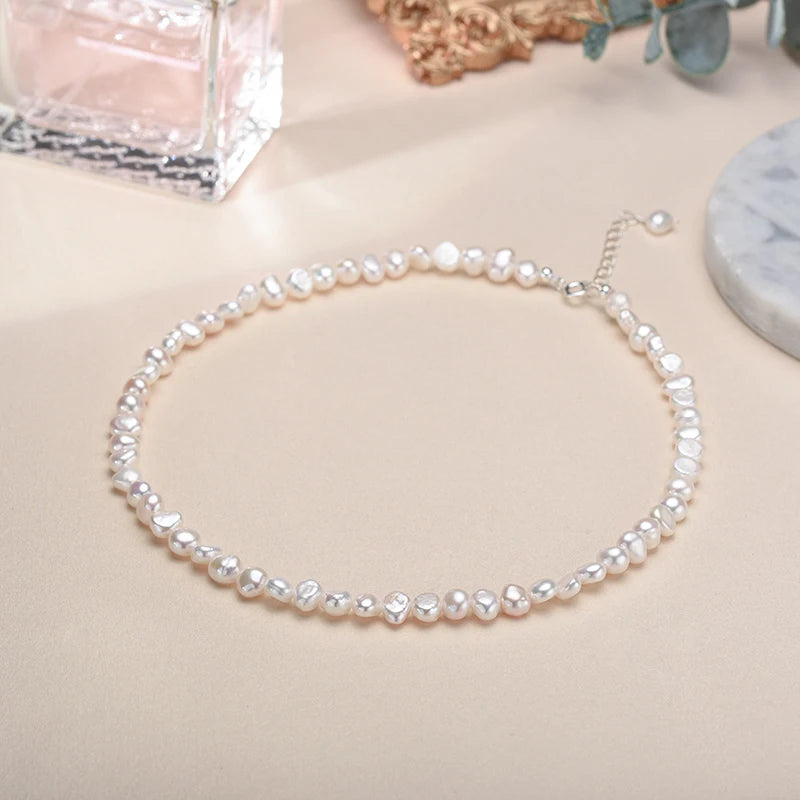 Colar de pérolas de água doce barroca natural 5-6mm, joias da moda para presente, gargantilha de prata esterlina 925 para mulheres e meninas