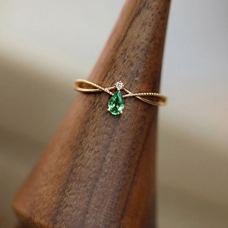 925 prata esterlina chapeamento 18k ouro retro verde gota de água zircão anel para mulheres moda francesa temperamento festa jóias