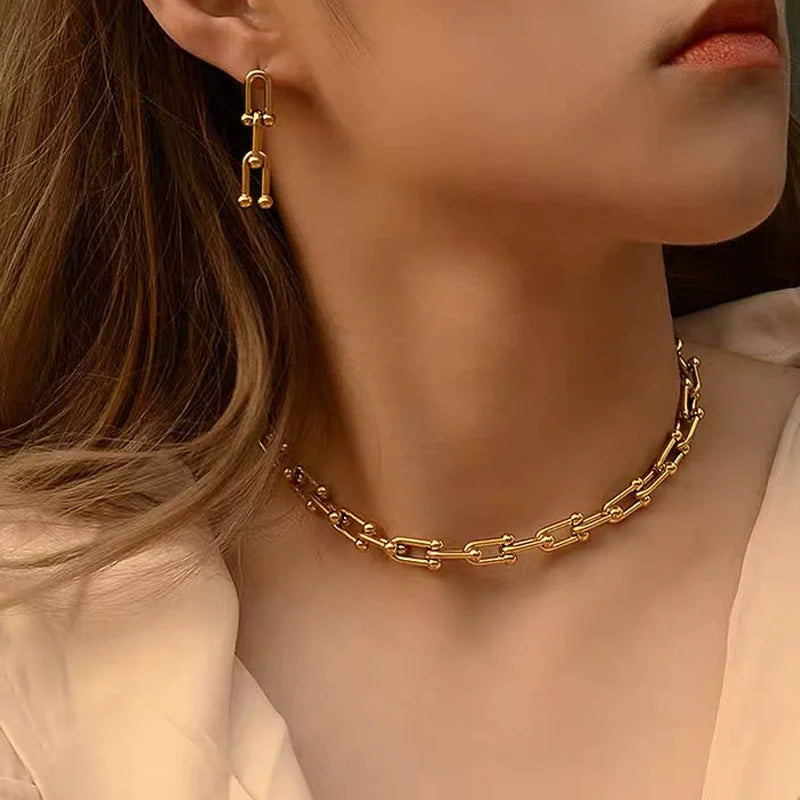 316l aço inoxidável moda costura em forma de u costura corrente grossa colar pulseira brinco conjunto de jóias de casamento