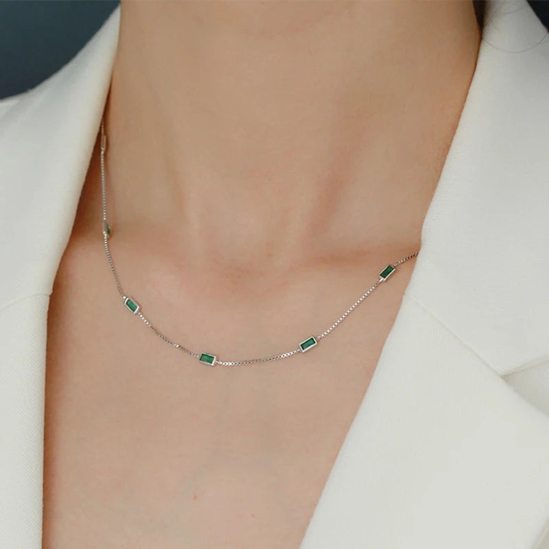 Woozu real 925 prata esterlina moda elegante verde quadrado zircão colar para mulher caixa de festa encantos gargantilha jóias presente