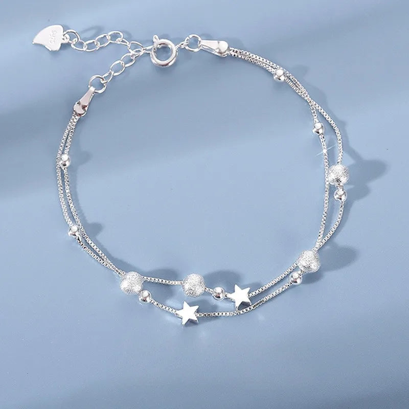 Luxo 925 prata esterlina estrela frisado pulseiras para mulheres designer original dupla camada ajustável pulseira festa jóias