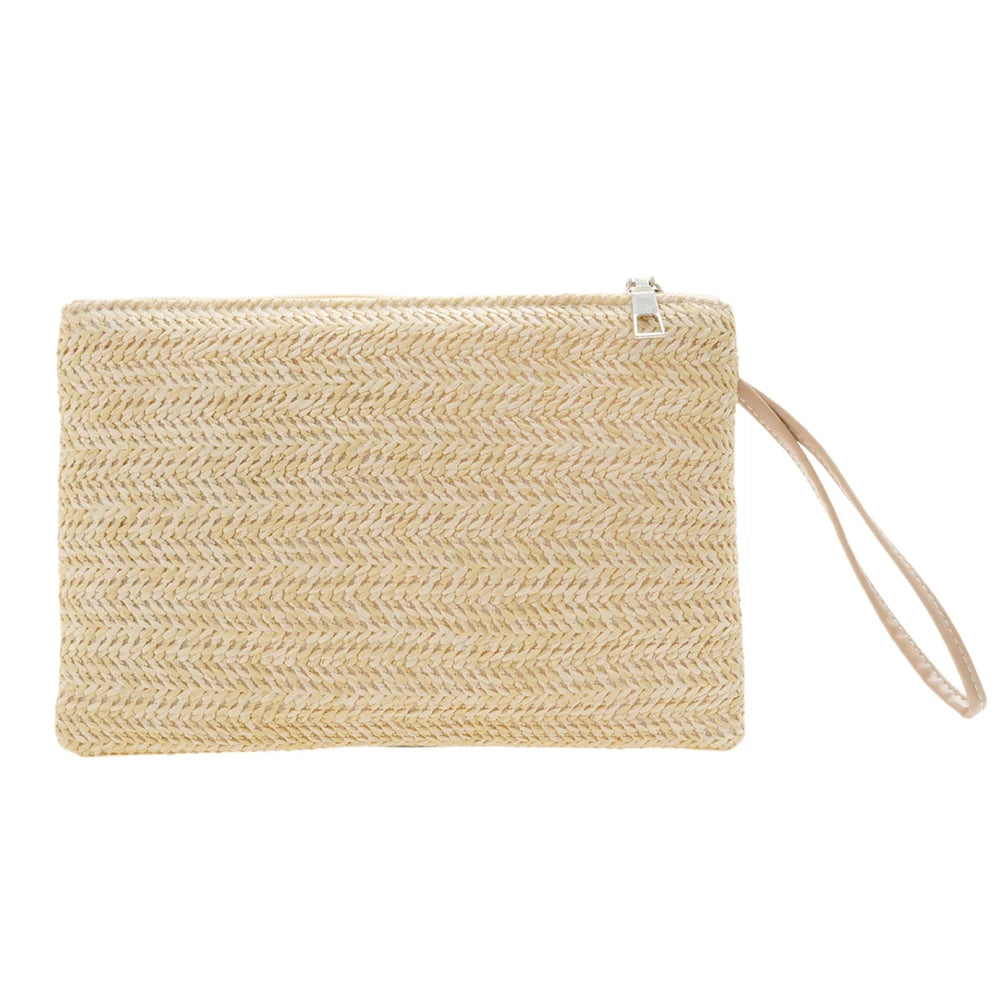 Bolsa feminina de palha tecida, carteira de moeda com zíper tecido ecológico, bolsa de armazenamento de praia de verão, bolsa de palha de trigo natural.zwq