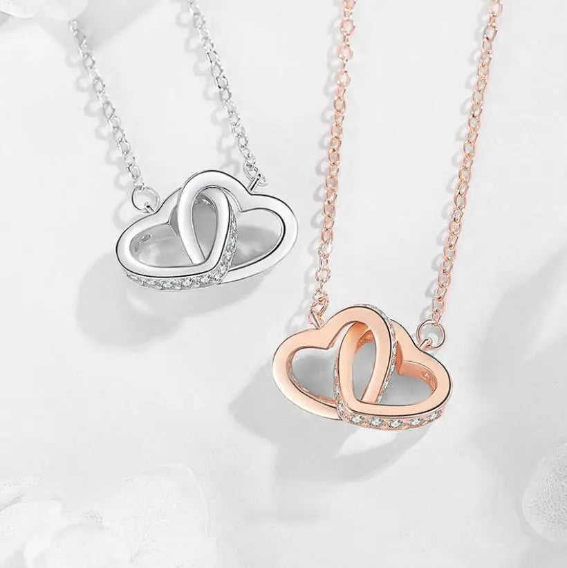 Venda quente moda duplo amor coração zircão pingente colar 925 prata esterlina rosa ouro strass colares feminino jóias presente