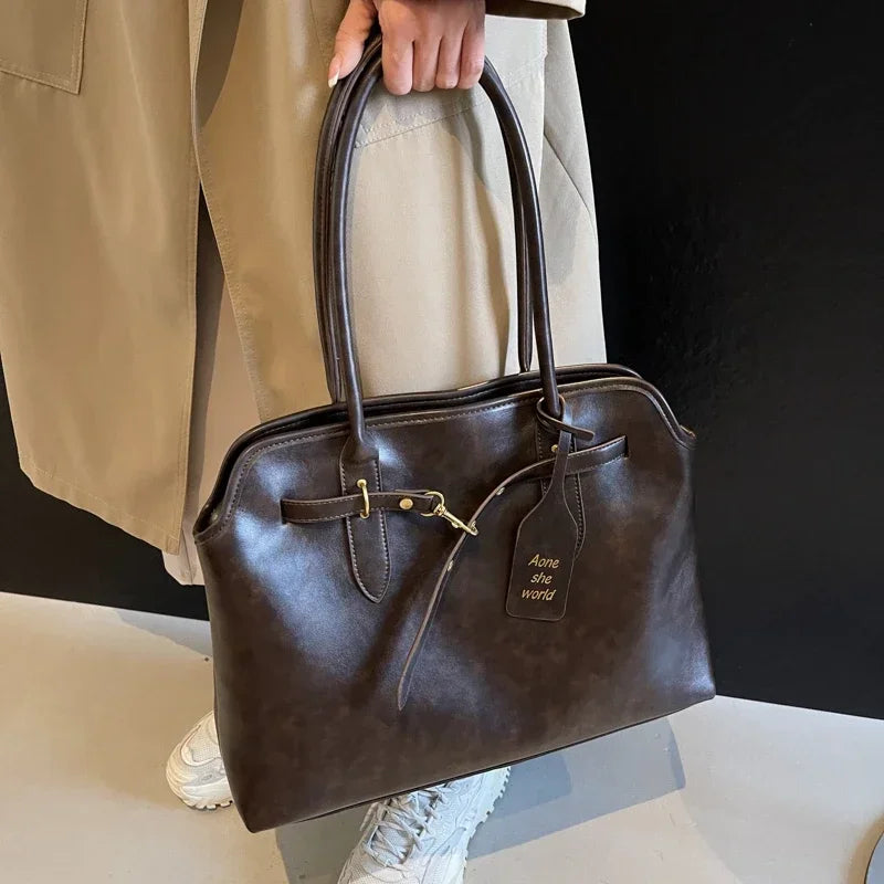 Vintage grande capacidade de couro do plutônio sacola para as mulheres 2024 outono tendência marrom senhora commuter bolsa feminina viagem bolsa ombro