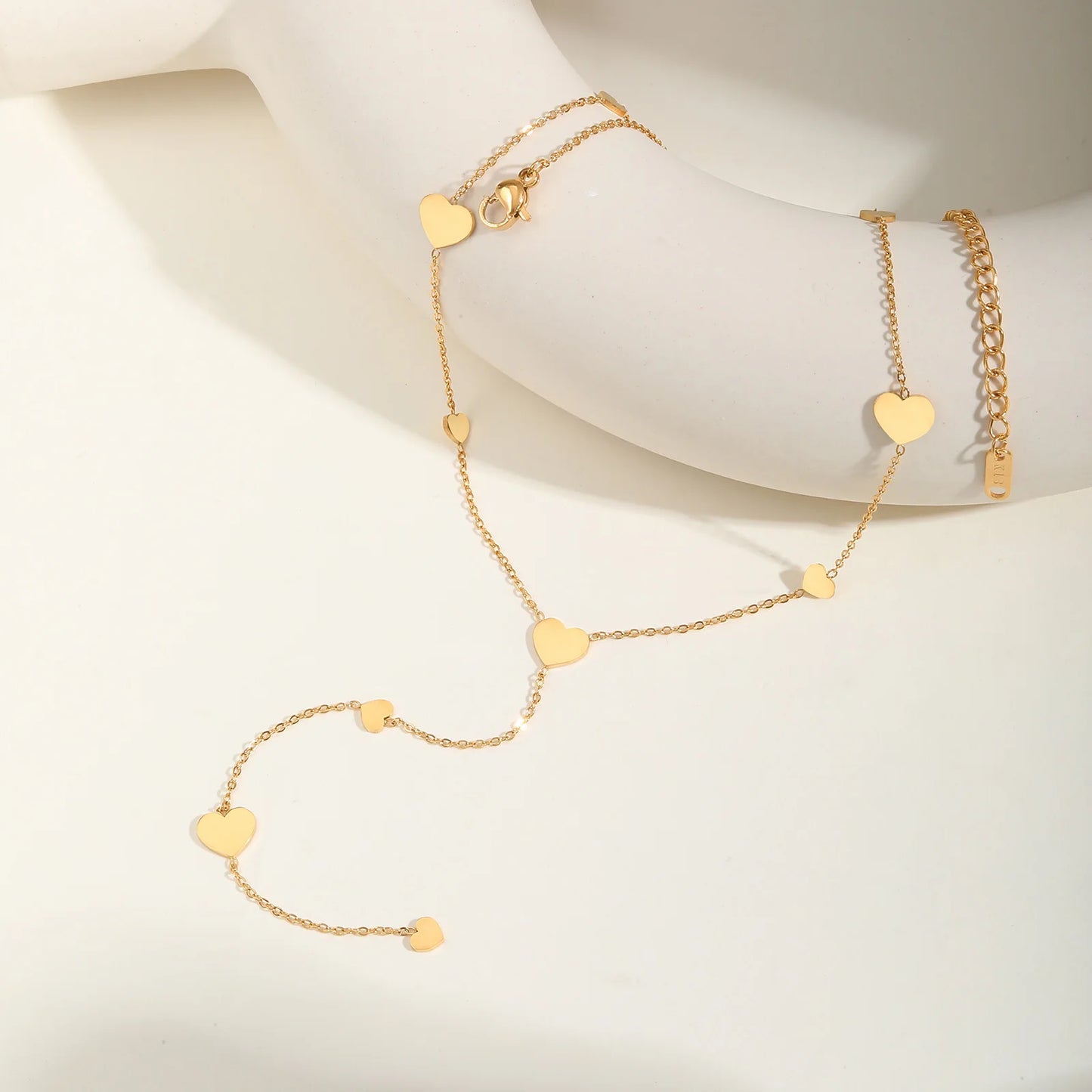 Colar de corrente lariat com gota de coração para mulheres, corrente longa em forma de Y em aço inoxidável 18K joias em camadas de cor dourada