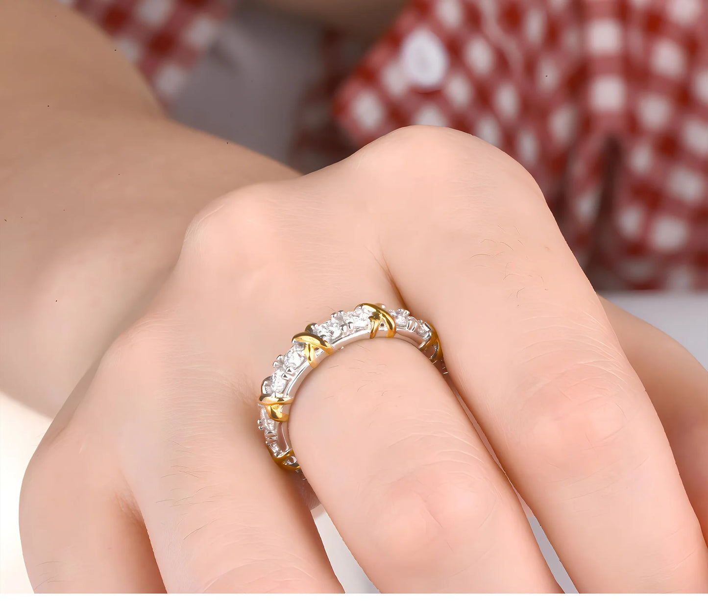 D Cor Moissanite Anéis de Diamante para Mulheres, X-Shaped Row Ring, Anel de Casamento Eternidade, 100% 925 Sterling Silver, Jóias Finas