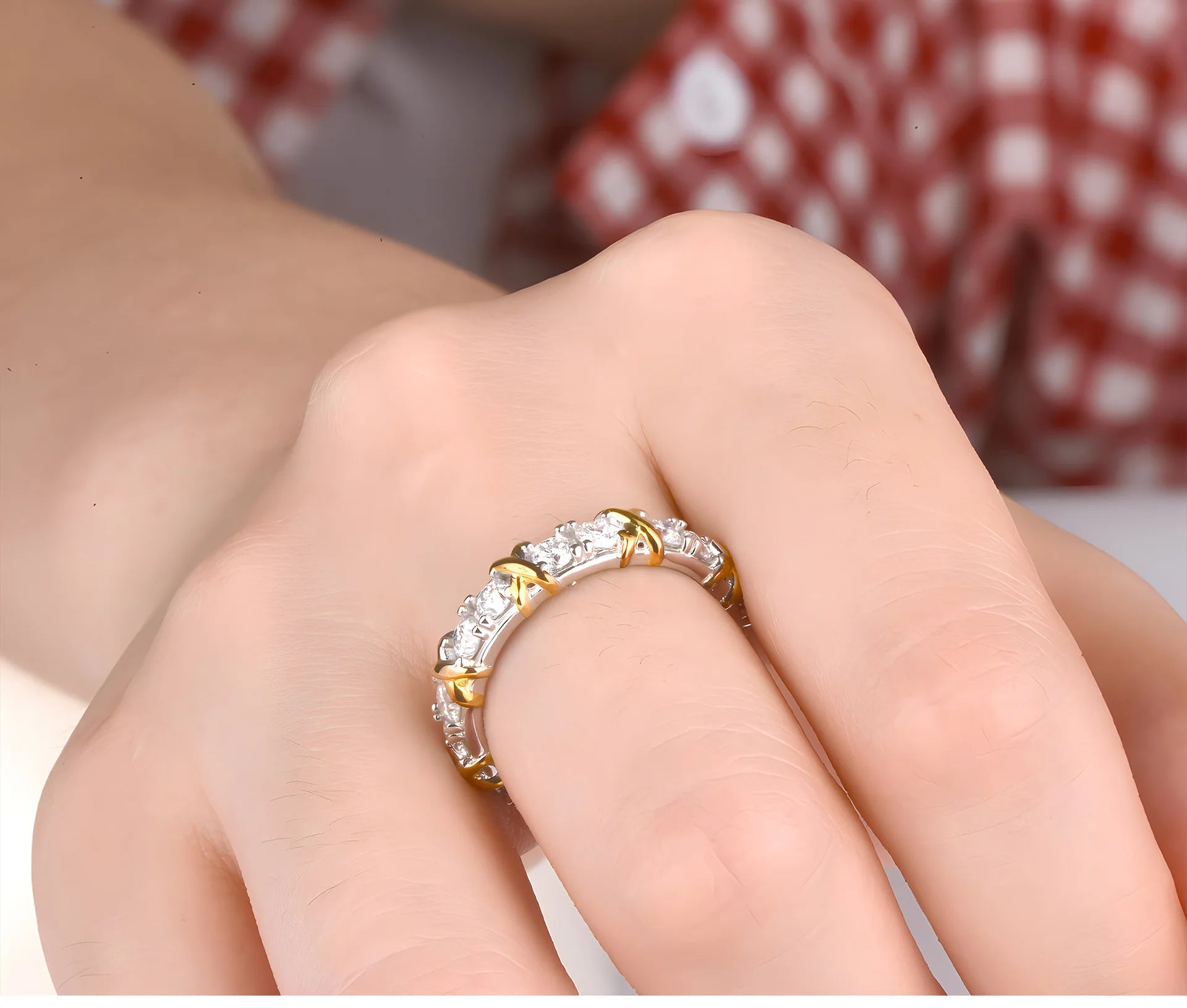 D Cor Moissanite Anéis de Diamante para Mulheres, X-Shaped Row Ring, Anel de Casamento Eternidade, 100% 925 Sterling Silver, Jóias Finas