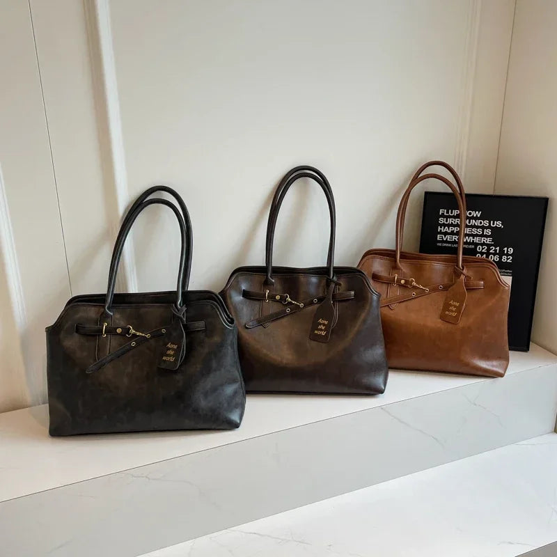 Vintage grande capacidade de couro do plutônio sacola para as mulheres 2024 outono tendência marrom senhora commuter bolsa feminina viagem bolsa ombro