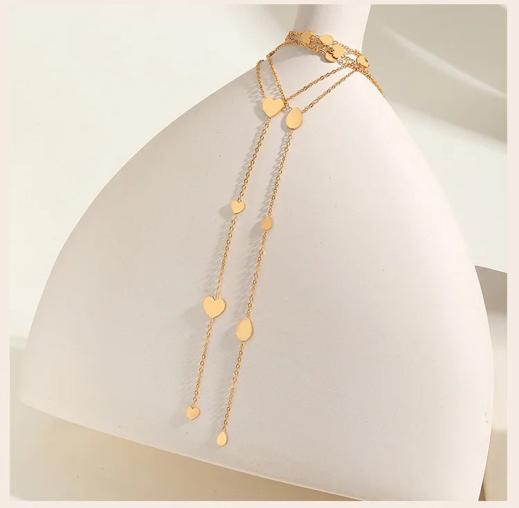 Colar de corrente lariat com gota de coração para mulheres, corrente longa em forma de Y em aço inoxidável 18K joias em camadas de cor dourada
