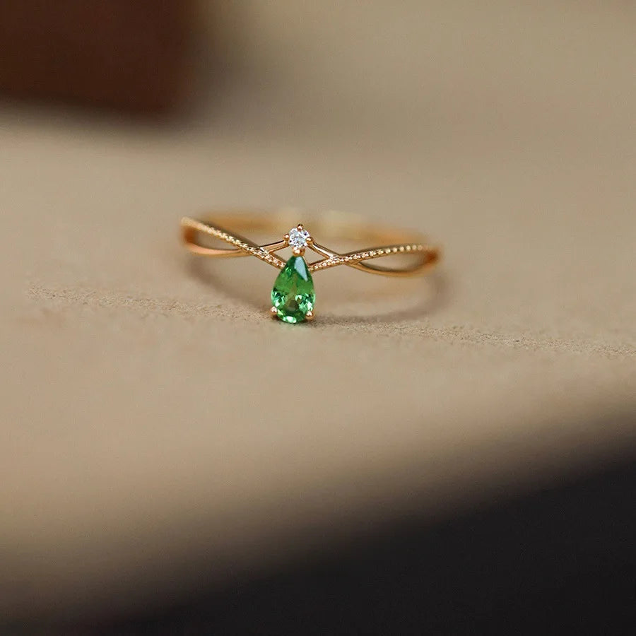 925 prata esterlina chapeamento 18k ouro retro verde gota de água zircão anel para mulheres moda francesa temperamento festa jóias