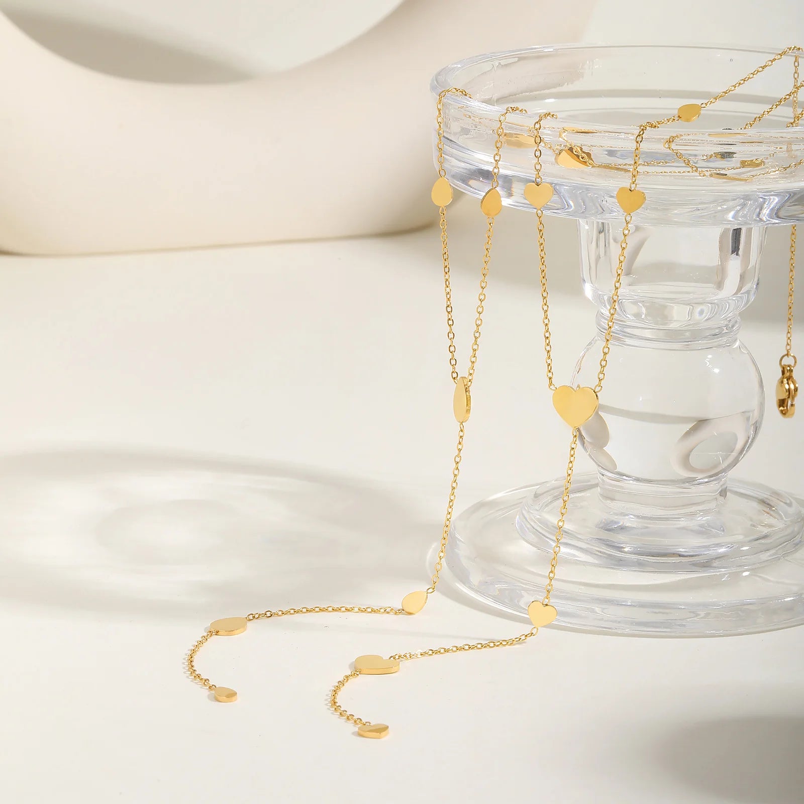 Colar de corrente lariat com gota de coração para mulheres, corrente longa em forma de Y em aço inoxidável 18K joias em camadas de cor dourada