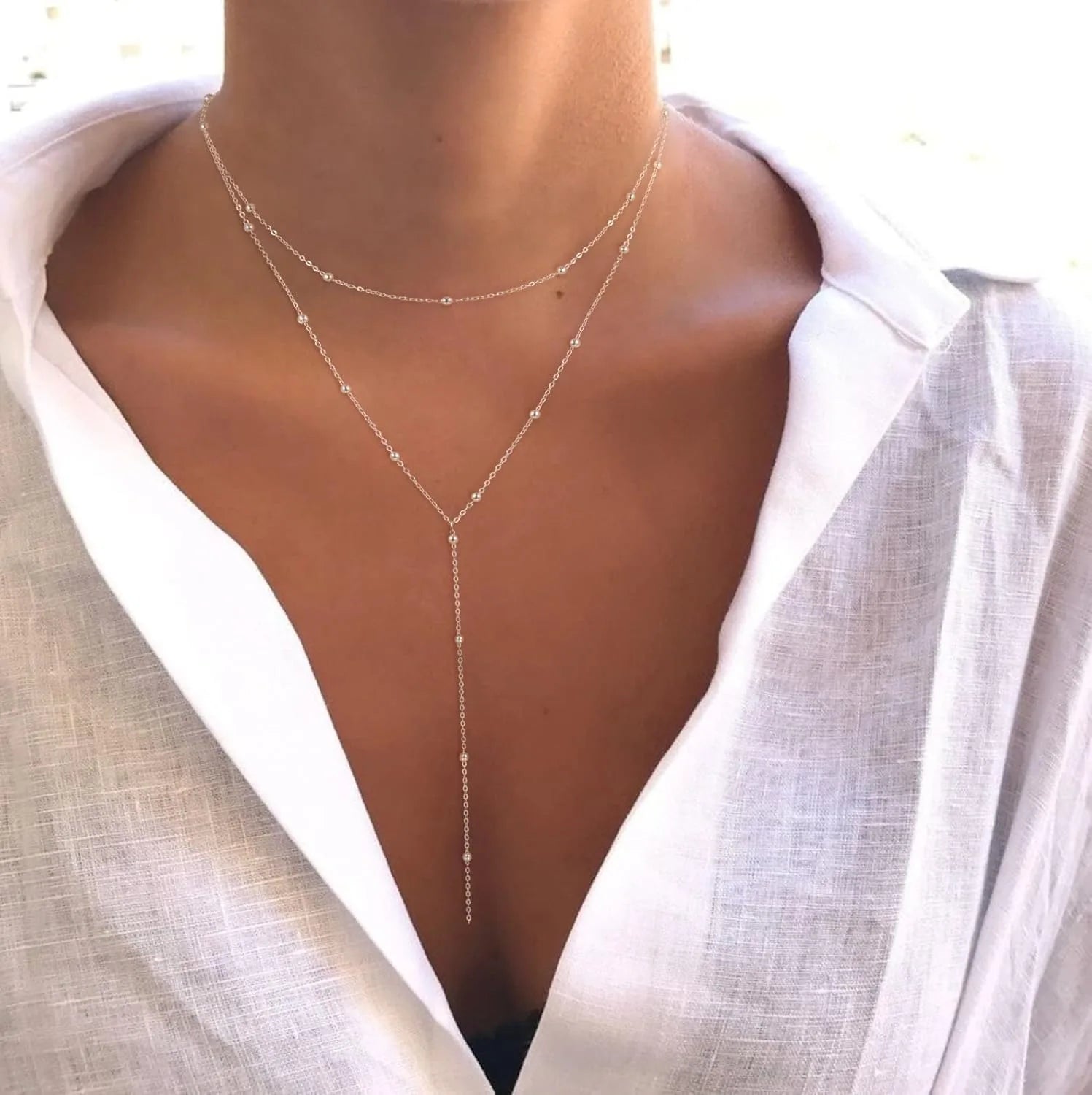 Colar de ouro para mulher 14k banhado a ouro/prata em forma de y pingente colar em camadas frisado corrente gota colares para presente feminino