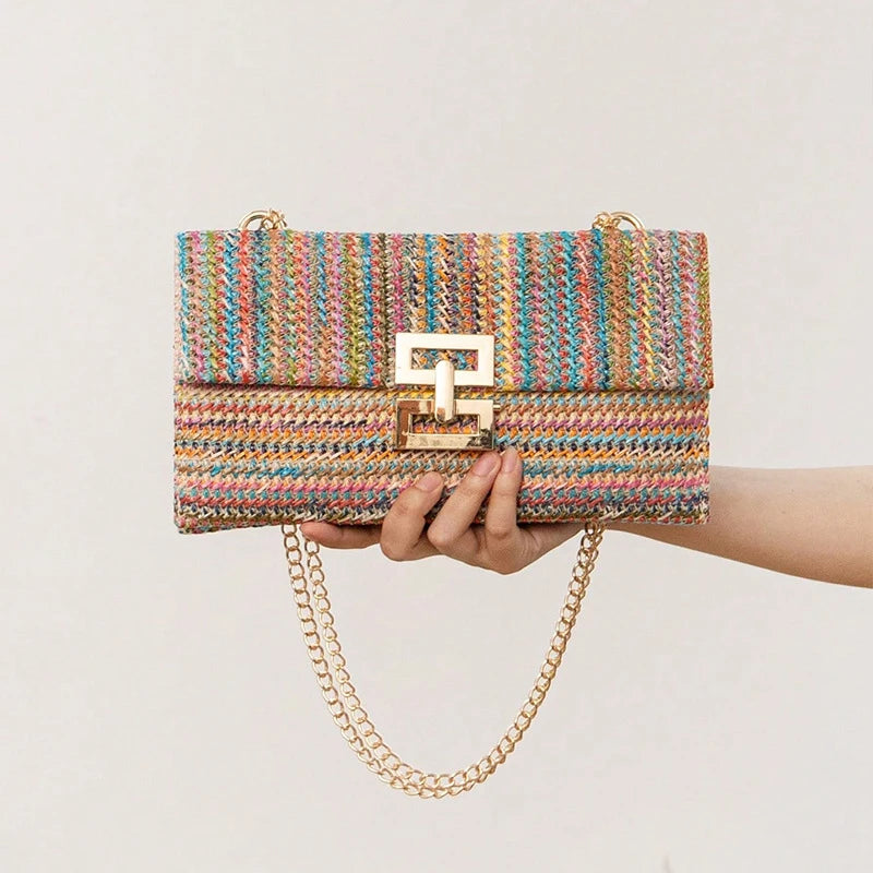 Saco de palha festa à noite bolsa moda feminina tecer padrão ouro embreagem mensageiro bolsas senhora diariamente deslocamento carteira sacos