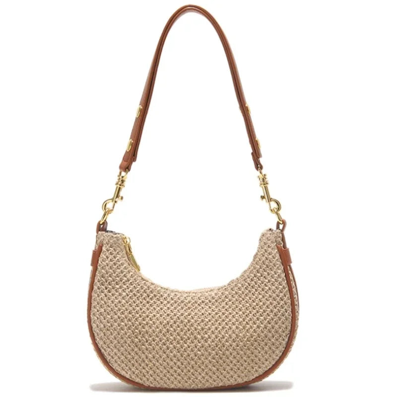 Verão design simples feminino meia lua hobo saco de alta qualidade mão-tecido palha axila saco feminino beira-mar praia bolsa de ombro 2024