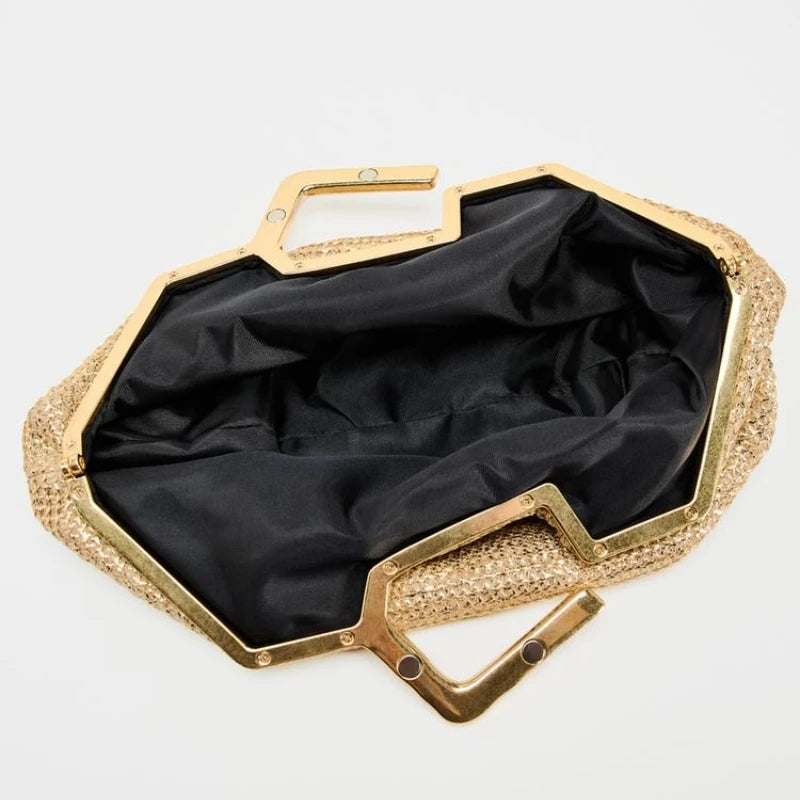 Bolsa de ouro com alça de metal, bolsa de tecido para mulheres, bolsa de vestido de noite de designer de luxo, novas embreagens de metal femininas da moda