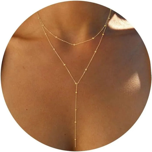 Colar de ouro para mulher 14k banhado a ouro/prata em forma de y pingente colar em camadas frisado corrente gota colares para presente feminino