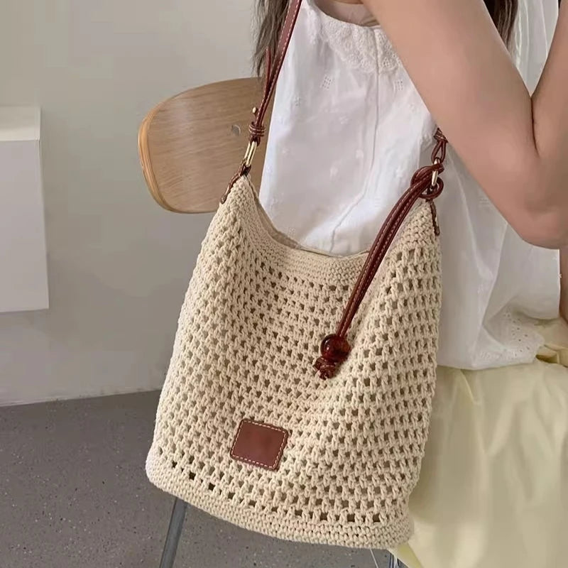 2025 novo verão feminino tecido crochê sacola praia férias bolsa de ombro leve algodão linho boho oco para fora bolsa