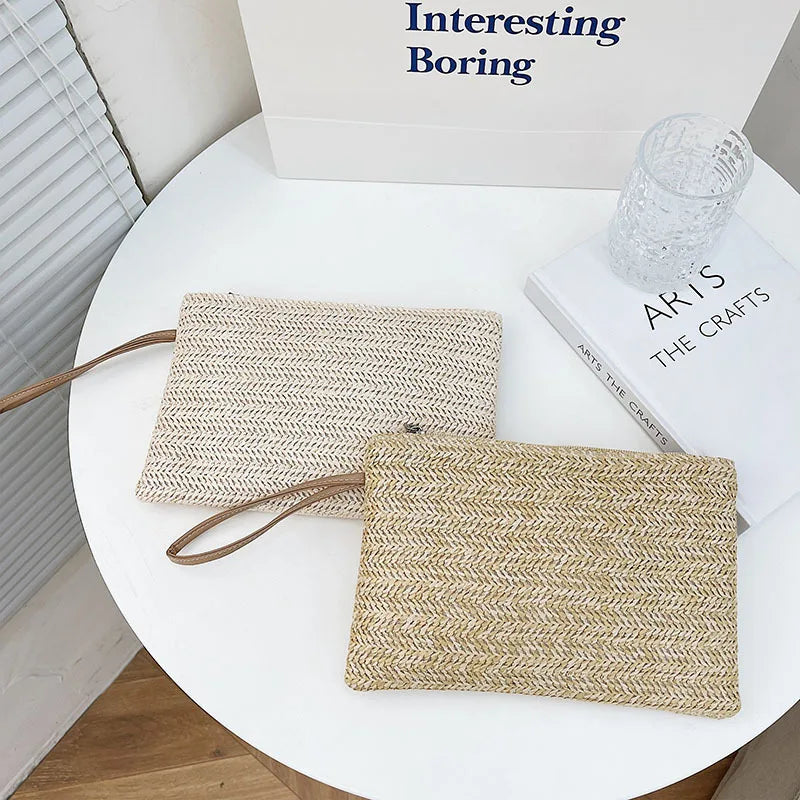 Bolsa feminina de palha tecida, carteira de moeda com zíper tecido ecológico, bolsa de armazenamento de praia de verão, bolsa de palha de trigo natural.zwq