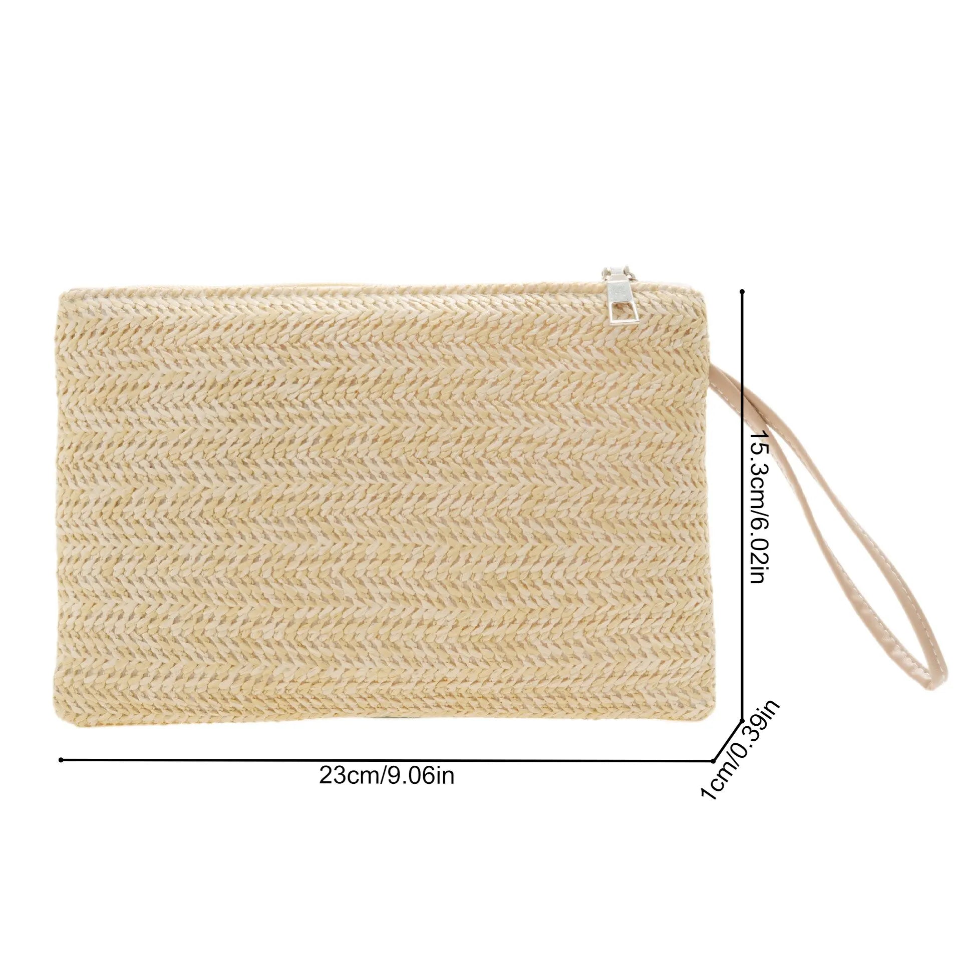 Bolsa feminina de palha tecida, carteira de moeda com zíper tecido ecológico, bolsa de armazenamento de praia de verão, bolsa de palha de trigo natural.zwq