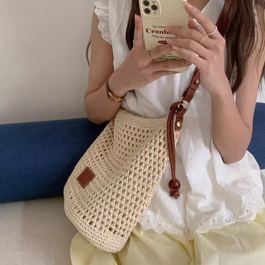 2025 novo verão feminino tecido crochê sacola praia férias bolsa de ombro leve algodão linho boho oco para fora bolsa