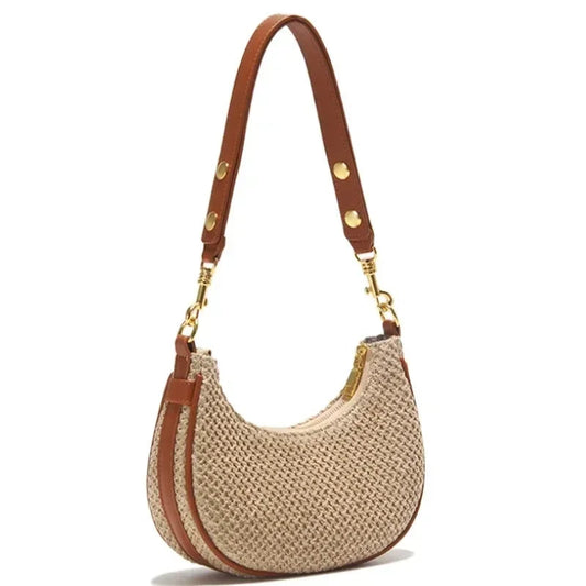Verão design simples feminino meia lua hobo saco de alta qualidade mão-tecido palha axila saco feminino beira-mar praia bolsa de ombro 2024
