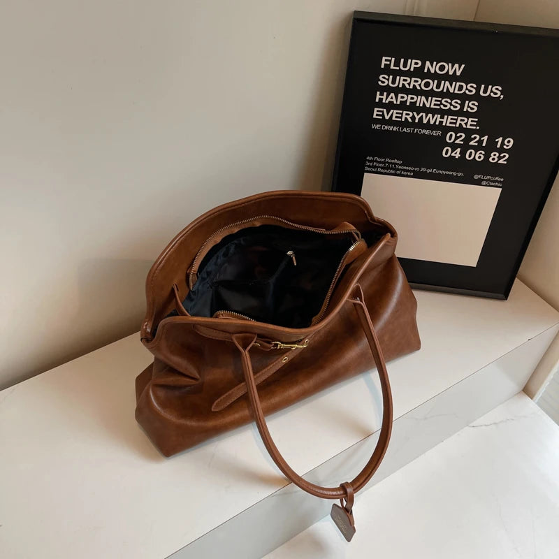 Vintage grande capacidade de couro do plutônio sacola para as mulheres 2024 outono tendência marrom senhora commuter bolsa feminina viagem bolsa ombro