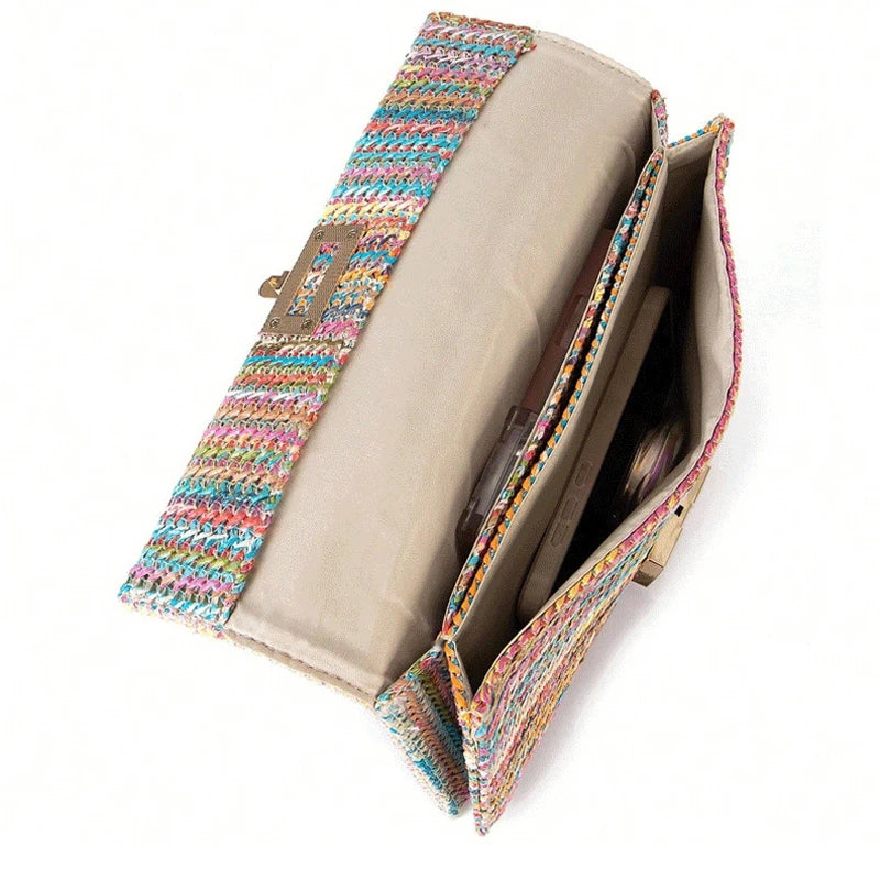Saco de palha festa à noite bolsa moda feminina tecer padrão ouro embreagem mensageiro bolsas senhora diariamente deslocamento carteira sacos