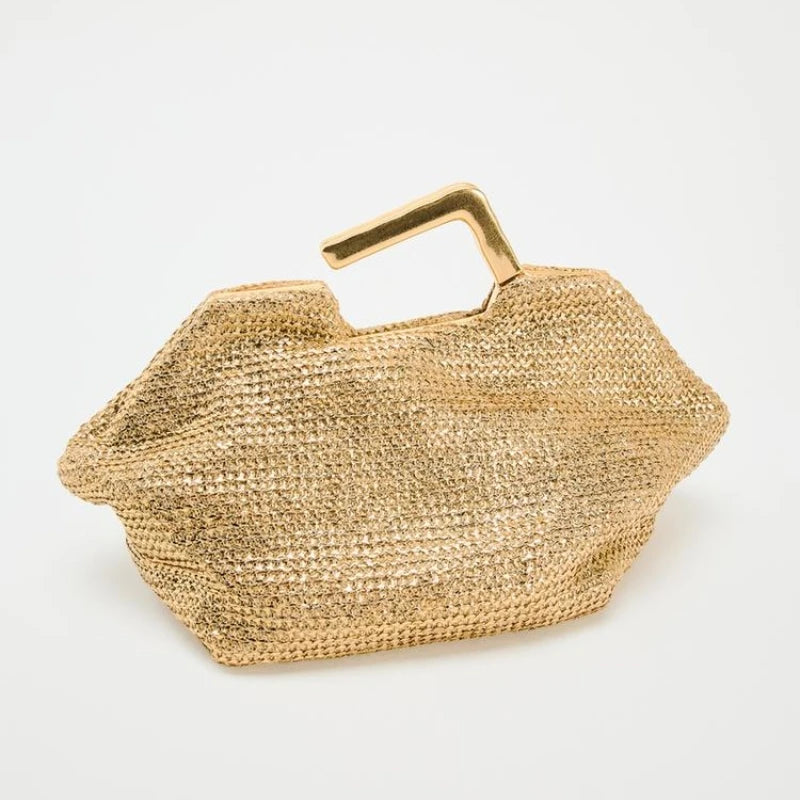 Bolsa de ouro com alça de metal, bolsa de tecido para mulheres, bolsa de vestido de noite de designer de luxo, novas embreagens de metal femininas da moda