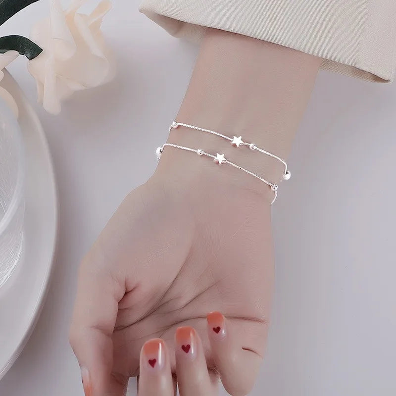 Luxo 925 prata esterlina estrela frisado pulseiras para mulheres designer original dupla camada ajustável pulseira festa jóias
