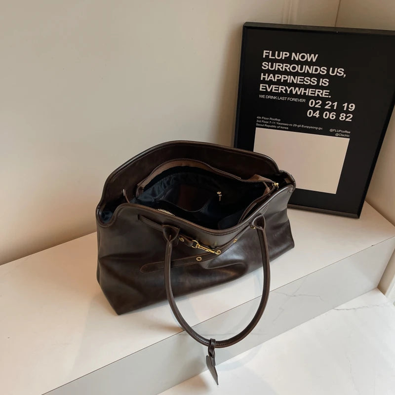 Vintage grande capacidade de couro do plutônio sacola para as mulheres 2024 outono tendência marrom senhora commuter bolsa feminina viagem bolsa ombro